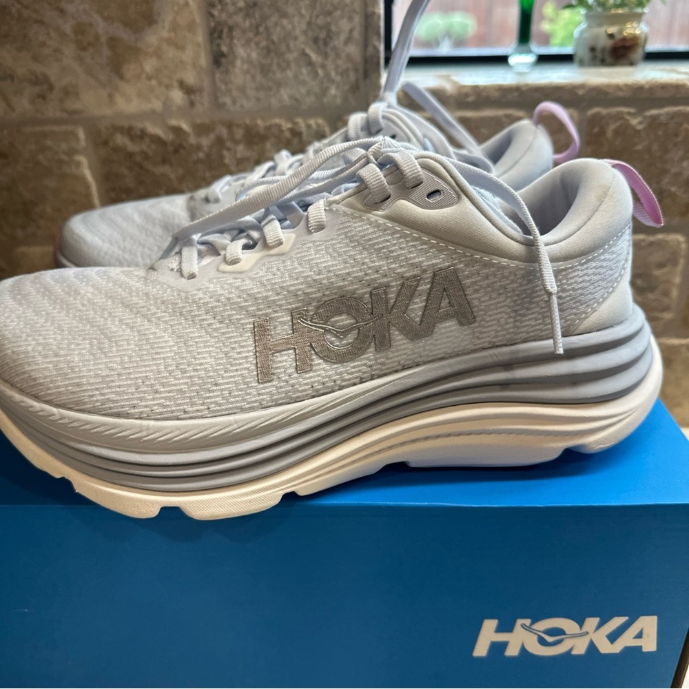 Hoka White Athletic Shoes with Pink Heel Loop - Picture 10 of 16